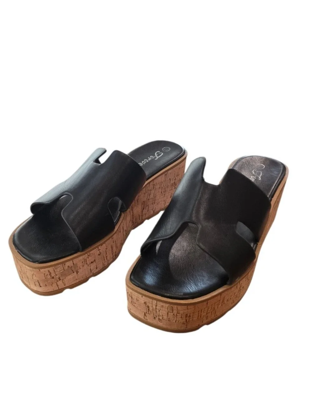 Forever 21 Black Faux Leather Platform Wedge Sandals 7.5